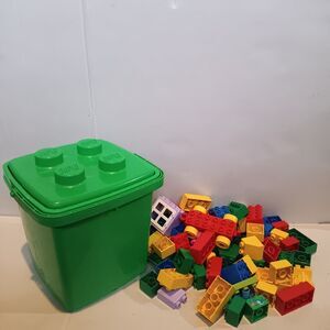 Vintage Lego Duplo Blocks & Green Storage Bucket-74 Pieces-1992-Handle